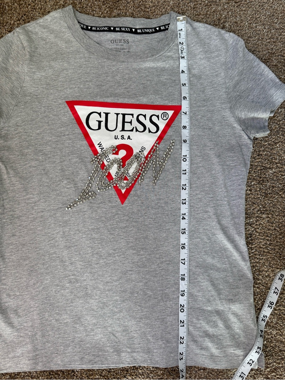 GUESS Gray Tee with Red Triangle Logo and Rhinestone Script - Picture 7 of 7